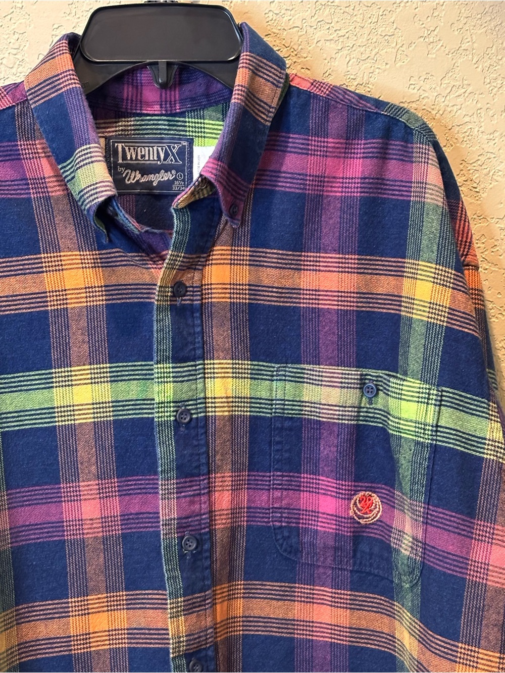 VINTAGE Wrangler Twenty-X Shirt Mens L Button-Up Long Sleeve Plaid Western USA